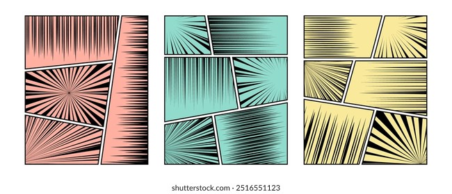 Satz von Manga Comic-Motion-Speed-Linie, Zoom und Motion-Effekte Hintergrund. Anime Radial Licht Blitz Explosion bunte Frame Template Vektorgrafik