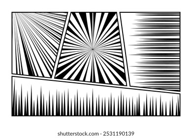 Conjunto de línea de velocidad de movimiento de cómic manga, zoom y fondo de efectos de movimiento. Ilustración vectorial de Plantilla de marco negro de explosión de flash de luz radial de anime