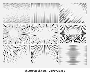 Set of manga comic motion speed line. Anime radial light flash explosion illustration. Zoom and motion effects background.