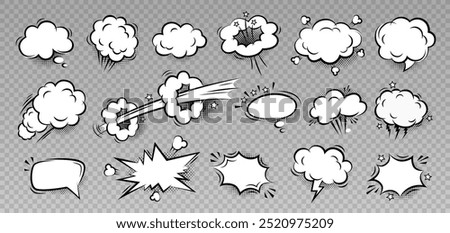 Set of manga comic speech bubbles template with black halftone shadows on transparent background. Retro vector illustration design in pop art style for comics book, social media, poster
