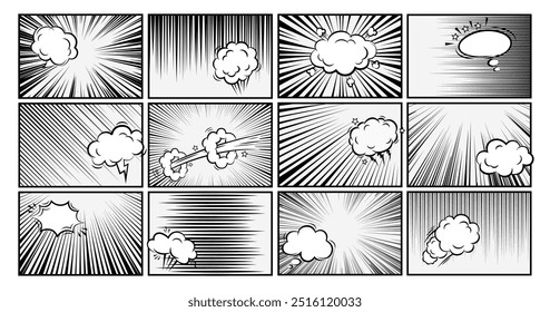 Conjunto de línea de velocidad de cómic manga, efectos de zoom y movimiento, marcos de fondo, tono de pantalla con burbujas de discurso. Ilustración vectorial de Plantilla de marco negro de explosión de flash de luz radial de anime.