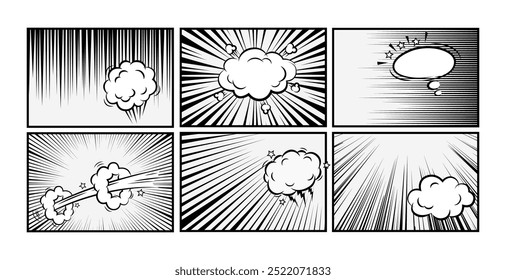 Conjunto de línea de velocidad de cómic manga, efectos de zoom y movimiento, marcos de fondo, tono de pantalla con burbujas de discurso. Ilustración vectorial de Plantilla de marco negro de explosión de flash de luz radial de anime.