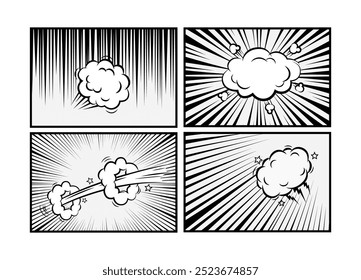 Set von Manga-Comic-Geschwindigkeit Linie, Zoom und Bewegung Effekte Hintergrund, Rahmen, Screentone mit Sprechblasen. Anime Radial Licht Blitz Explosion schwarzen Rahmen Vorlage Vektorgrafik