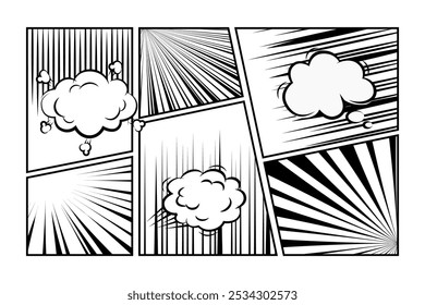 Conjunto de mangá história em quadrinhos linha de velocidade, zoom e fundo de efeitos de movimento, quadros, screentone com bolhas de fala. Anime luz radial flash explosão quadro preto modelo vetor ilustração