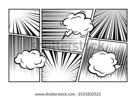Set of manga comic speed line, zoom and motion effects background, frames, screentone with speech bubbles. Anime radial light flash explosion black frame template vector illustration