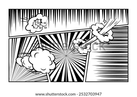 Set of manga comic speed line, zoom and motion effects background, frames, screentone with speech bubbles. Anime radial light flash explosion black frame template vector illustration