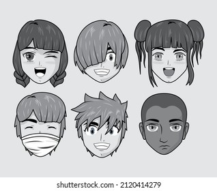 set manga female and male faces