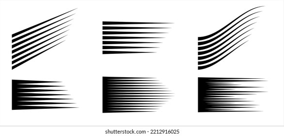 Set von Manga-Geschwindigkeitslinien. Kollektion von Anime-Aktionsrahmen-Linien. Superheldenaktion. Bewegungseffekte auf transparentem Hintergrund. Radiallinien mit Flash-Explosion, Vektorgrafik Schwarze Linie
