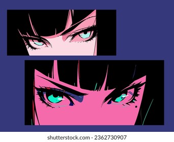 Set of manga pop art comic frames with dark-haired anime woman.