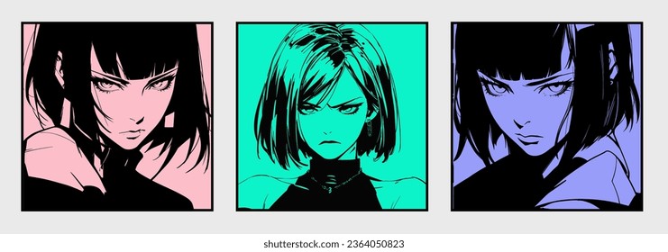 Set of manga pop art comic frames with dark-haired anime woman.