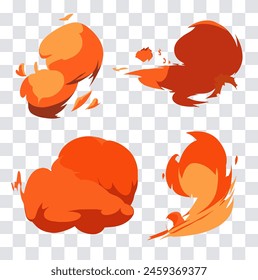 Set of manga visual vector cartoon effects of orange smoke and dust clouds. Perfect for animation, anime CG game art, tactical design, etc.