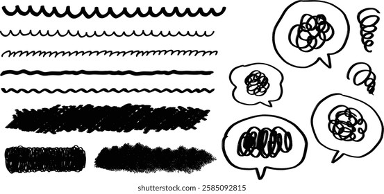 Set of manga-style lines and speech bubbles with dizzy signs, vector illustration