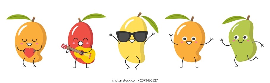 Set mango cute tropical fruit character cartoon colors yellow red orange green happy emotions smiling face greeting jumping running loves sings icon vector illustration.