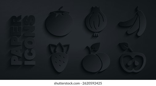 Set Mango fruit, Banana, Strawberry, Apple, Garlic and Tomato icon. Vector