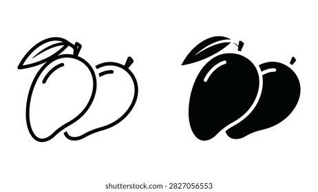 A set of mango fruit icons featuring both outline and solid black graphic styles on a white background.