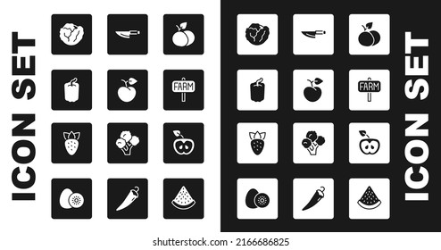 Indique la fruta de Mango, la Peach o la nectarina, la pimienta Bell, la col, la granja de localización, la Cuchilla, la manzana y el icono de fresa. Vector