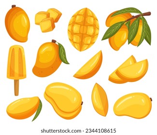 Conjunto de frutas de Mango y helados. Agradable Y Tropical Con Un Sabor Dulce Y Tangy. Conocido Por Su Carne Dorada, Piel Suave Y Nutrientes Abundantes. Ilustración del vector de dibujos animados