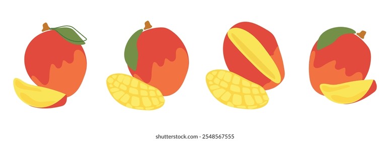 A set of mango slices. Fresh, juicy and tasty fruit. Vector illustration of organic tropical fruit. Eco-label for natural flavor. Juice, smoothie design.