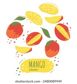 A set of mango slices with the inscription mango. Fresh, juicy and tasty fruit. Vector illustration of organic fruit. Eco-label for natural watermelon flavor. Juice, smoothie design.