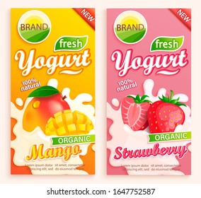 Set of mango and strawberry Yogurt labels. Natural and fresh fruits in milk splashes for your brand, logo, emblem for stores, packaging and advertising. Template for your design.Vector illustration.