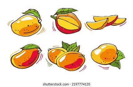 Set of Mango tropical fruit on white background. Hand drawn vector illustration.