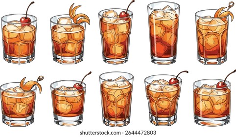 Conjunto de coquetéis de Manhattan em vários copos com gelo, cereja e guarnição de raspas laranja. Ilustrações em aquarela sobre fundo transparente. Bebidas clássicas à base de uísque.