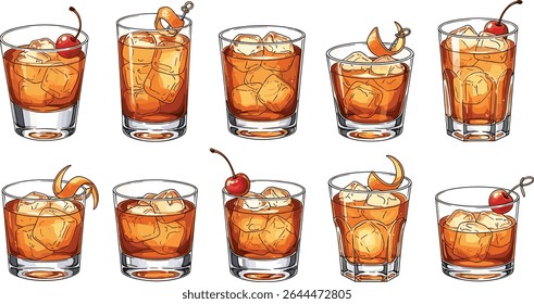 Conjunto de coquetéis de Manhattan em vários copos com gelo, cereja e guarnição de raspas laranja. Ilustrações em aquarela sobre fundo transparente. Bebidas clássicas à base de uísque.