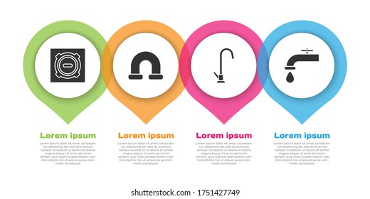 Set Manhole sewer cover, Industry metallic pipe, Water tap and Water tap. Business infographic template. Vector