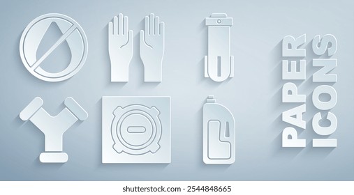 Set Manhole sewer cover, Water filter, Industry metallic pipe, Container with drain cleaner, Rubber gloves and drop forbidden icon. Vector