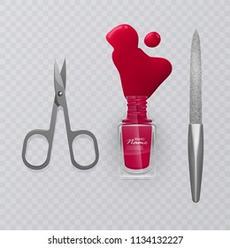 Set of manicure accessories, illustration of manicure scissors, red nail Polish and nail file, hand care, vector eps 10 illustration