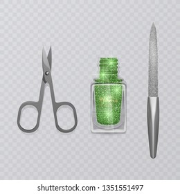 Set of manicure accessories, illustration of manicure scissors, red nail Polish and nail file, hand care, vector eps 10 illustration