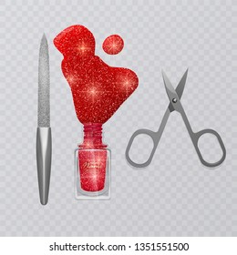 Set of manicure accessories, illustration of manicure scissors, red nail Polish and nail file, hand care, vector eps 10 illustration