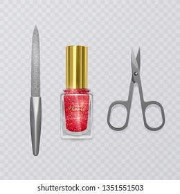Set of manicure accessories, illustration of manicure scissors, red nail Polish and nail file, hand care, vector eps 10 illustration