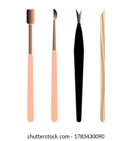 Conjunto de accesorios y herramientas de manicura. Trimmers, empujadores de cutícula, rascacielos. Ilustración vectorial.