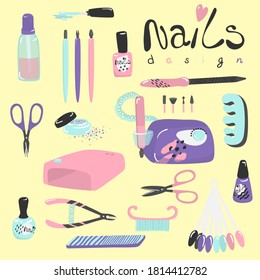 Set with manicure accessorizes, tools. Isolated on yellow background. Vector illustration. Hand design. Scissors, nail polish, palette, glitter, lamp, spray. Beauty business, woman profession.