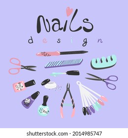 Set with Manicure accessorizes, tools. Isolated on blue background. Vector illustration. Hand design. Scissors, nail polish, nail file, palette, glitter samples. Woman business. Beauty salon, fashion.