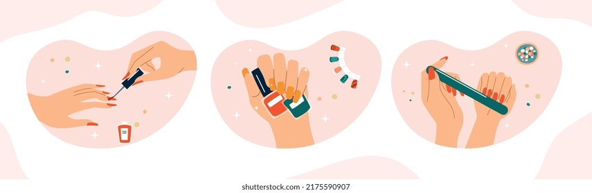 Set of manicure. Collection of cosmetic products. Woman applying nail red polish and changing their shape. Beauty and attractiveness. Cartoon flat vector illustrations isolated n white background