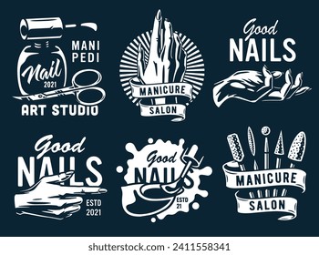 Set of manicure designs for nail bar and beauty salon. Nail polish, manicured female hands, beautiful woman face, eyelash extension, makeup, hairdressing fingernail. Logo for beauty care service