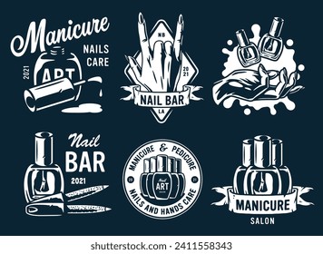 Set of manicure designs for nail bar and beauty salon. Nail polish, manicured female hands, beautiful woman face, eyelash extension, makeup, hairdressing fingernail. Logo for beauty care service