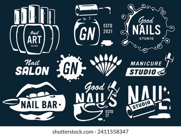 Set of manicure designs for nail bar and beauty salon. Nail polish, manicured female hands, beautiful woman face, eyelash extension, makeup, hairdressing fingernail. Logo for beauty care service