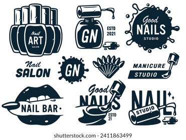 Set of manicure designs for nail bar and beauty salon. Nail polish, manicured female hands, beautiful woman face, eyelash extension, makeup, hairdressing fingernail. Logo for beauty care service