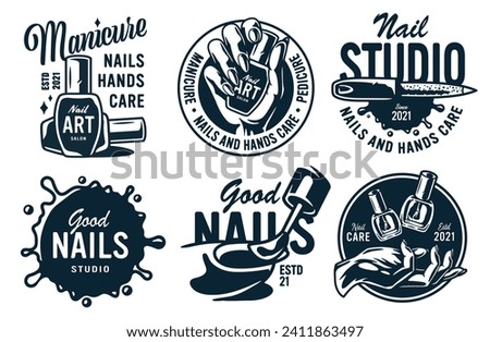 Set of manicure designs for nail bar and beauty salon. Nail polish, manicured female hands, beautiful woman face, eyelash extension, makeup, hairdressing fingernail. Logo for beauty care service