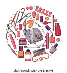 A set of manicure equipment. Collection of various tools nail file, nail clippers, scissors, nail polishes. 