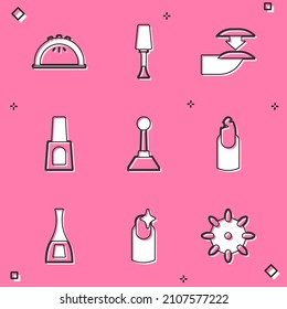 Set Manicure lamp, Nail polish, False nails, Bottle of, Milling cutter for manicure, Broken,  and  icon. Vector