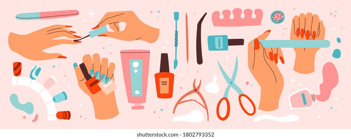 Set of manicure and nail care icons with assorted tools and accessories, nail lacquer and female hands , colored vector illustration