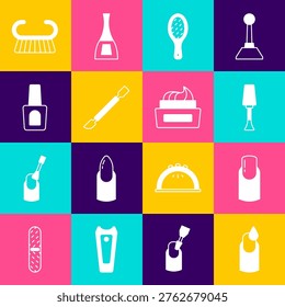 Set Manicure, Nail manicure, polish, file, Cuticle pusher, Bottle of nail, Pedicure brush or grater and  icon. Vector