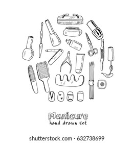 Set with manicure and peadicure doodles. Vector illustration.