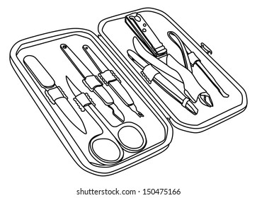 Set of manicure and pedicure tools and accessories vector illustration isolated on white background. Manicure scissors, eyebrow tweezers and nail clippers, beauty salon kit in zip bag. Nail care set.