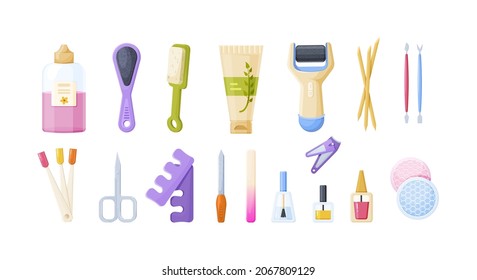 Conjunto de manicura, herramientas de pedicura y cosméticos. Equipo para el cuidado de las manos de las piernas de las uñas. Procedimiento de belleza doméstico o salado con esmalte de uñas, tijeras, archivo, crema de mano ilustración vectorial