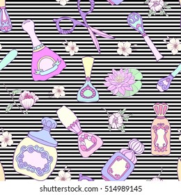 Set of Manicure: scissors, nail file, nail polish, liquid, perfume, lipstick, brush, flowers. Beauty salon set, hand care, nail care. Seamless pattern with white and black stripes